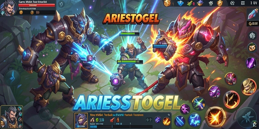 Screenshot gameplay ARIESTOGEL menampilkan pertempuran seru di arena MOBA.