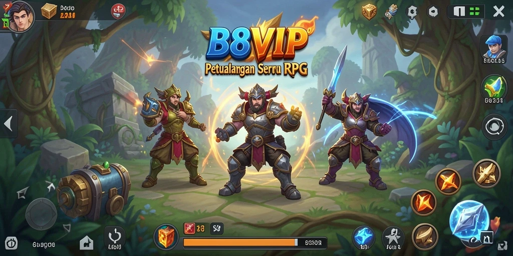 Tampilan gameplay B8VIP dengan pertempuran seru di dunia fantasi.