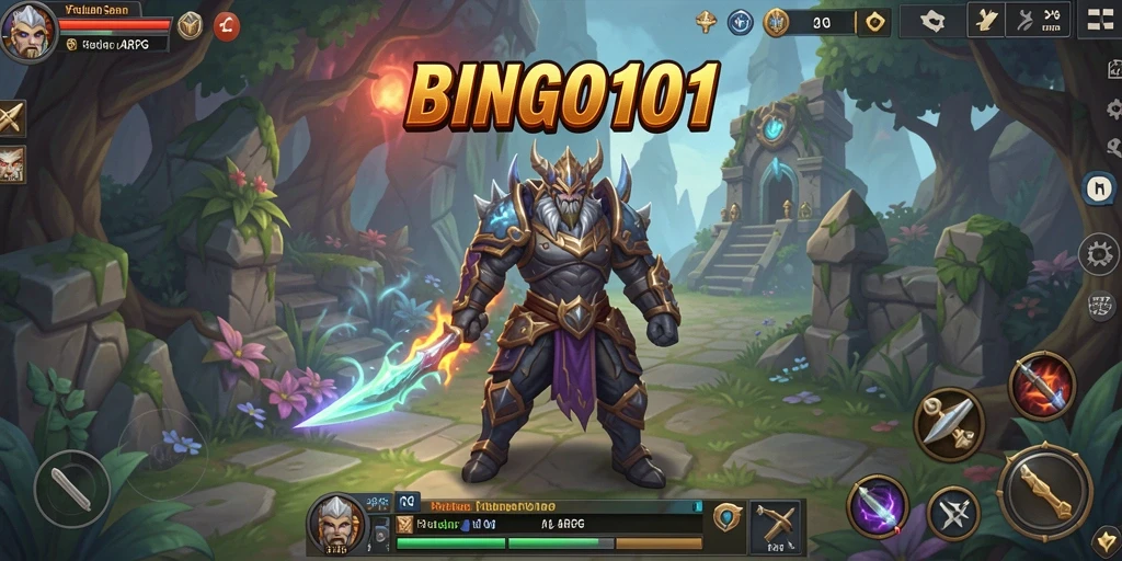 Screenshot utama BINGO101 menampilkan aksi pertarungan karakter dalam dunia fantastik.