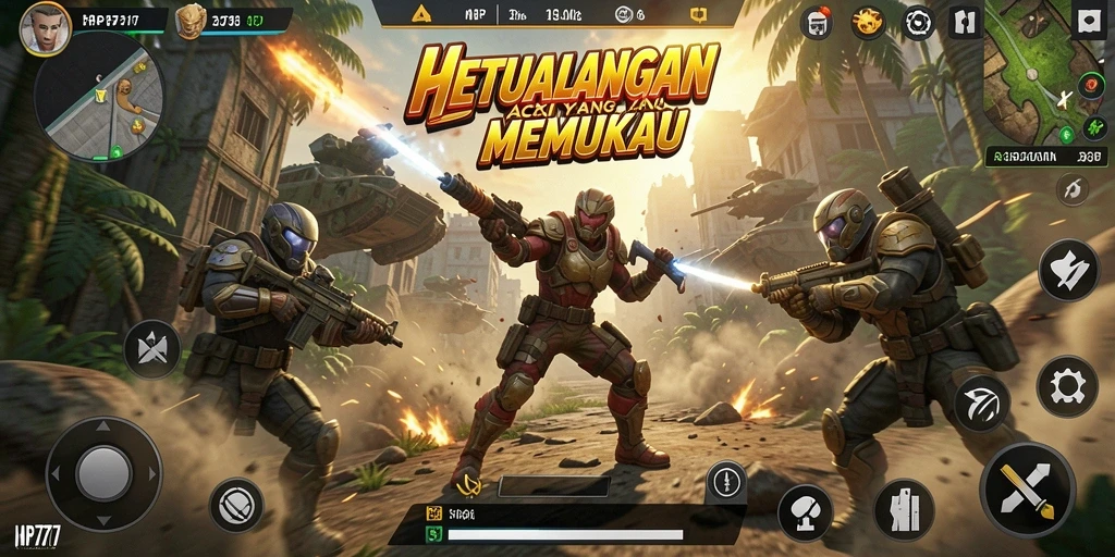 Screenshot utama HP777 menampilkan aksi mendebarkan dalam pertempuran.
