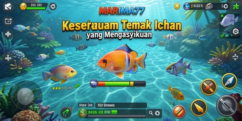 Screenshot menunjukkan aksi menembak ikan yang seru di MARIMA77.