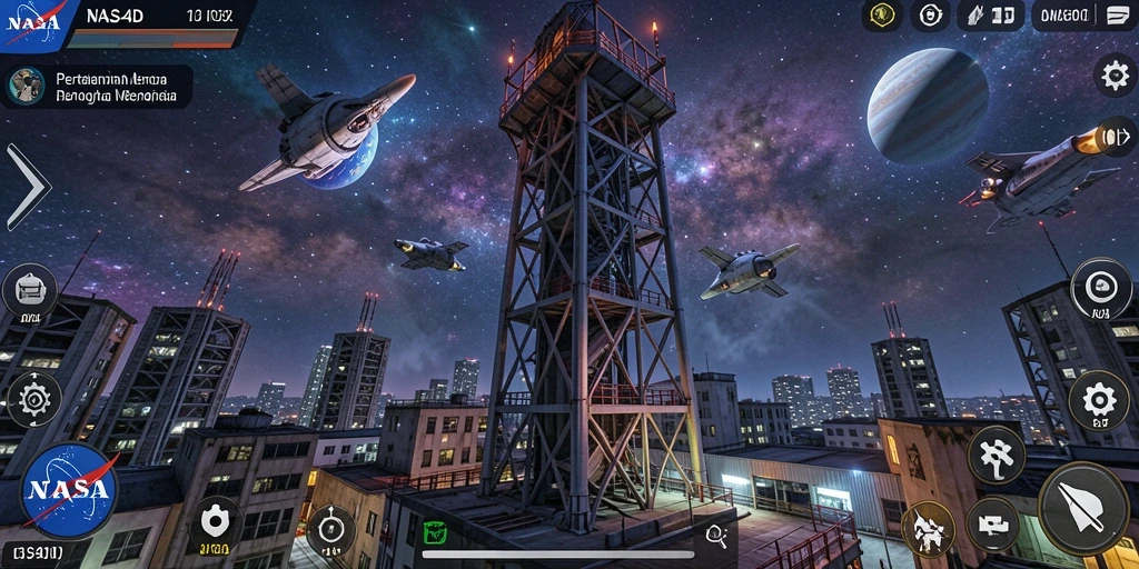 Screenshot menunjukkan menara bertahan dari serangan alien di NASA4D.
