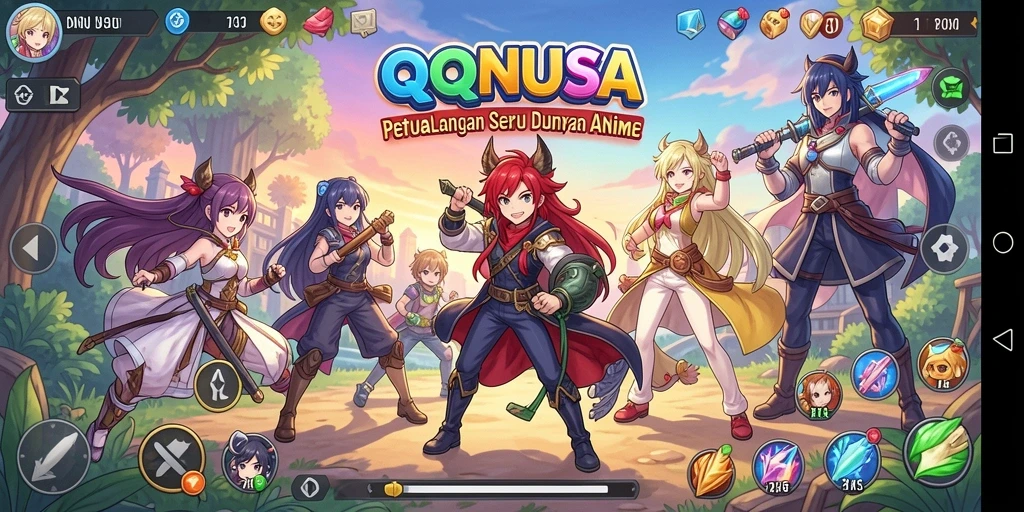 Screenshot gameplay QQNUSA menampilkan pertempuran karakter anime yang seru.