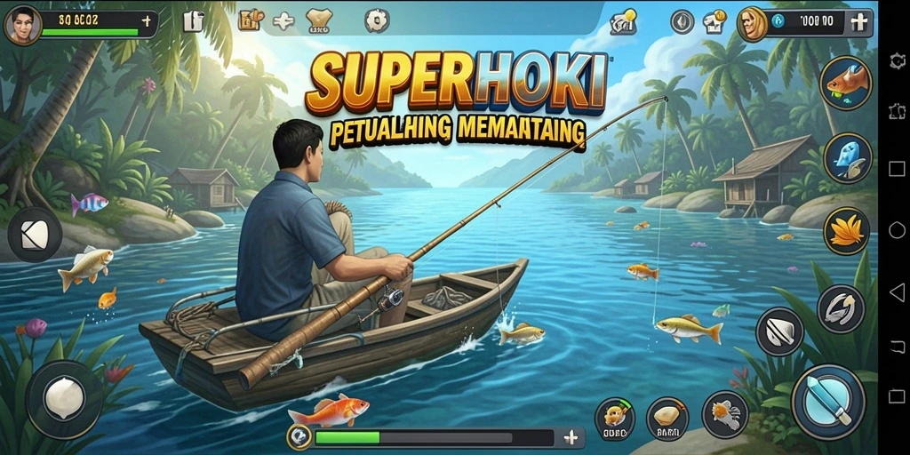 Screenshot gameplay SUPERHOKI dengan momen memancing yang seru.